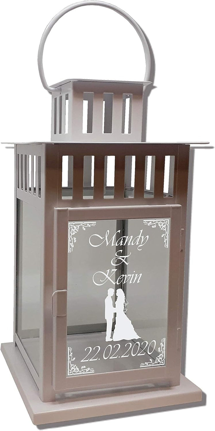 Hochzeits-Laterne Metall weiss Mod. 4 mit Motiv-Gravur 28x15,5x15,5 cm Weiss (Motiv), Weiss (Motiv)