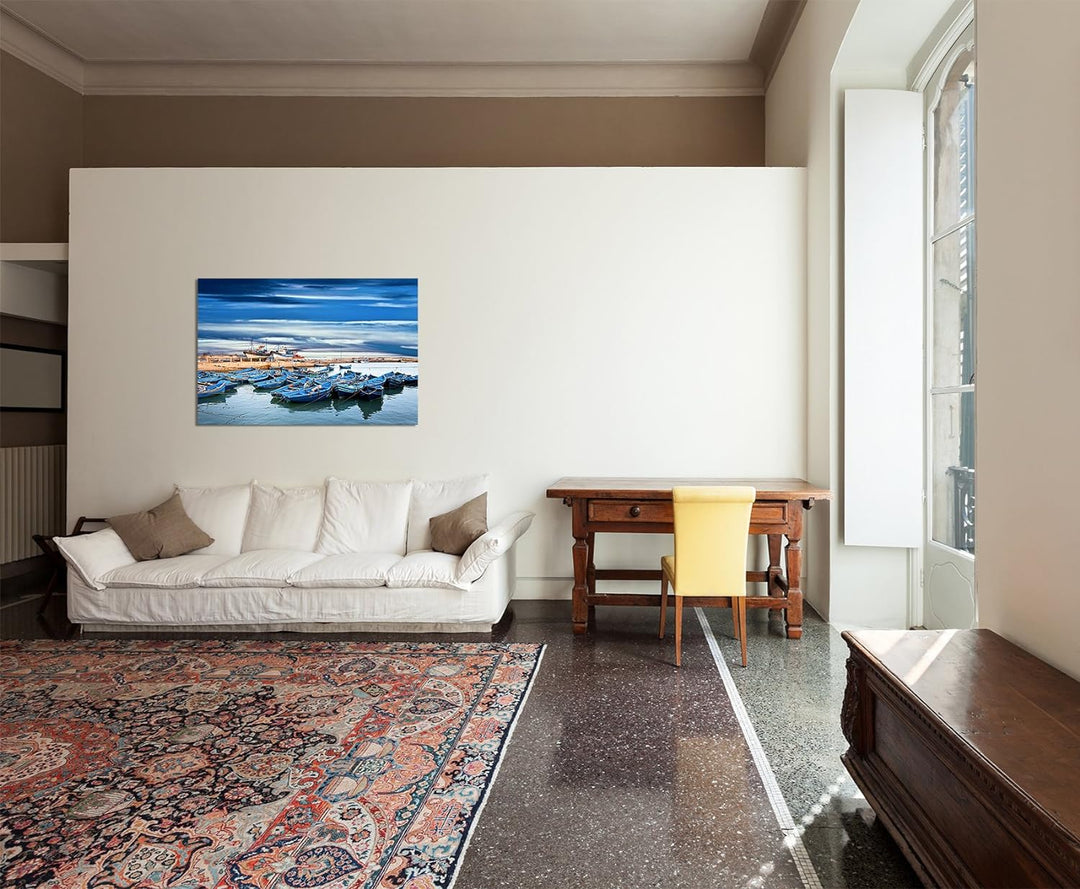 Paul Sinus Art 120x80cm - WANDBILD Marokko Ozean Fischerboote Himmel - Leinwandbild auf Keilrahmen m