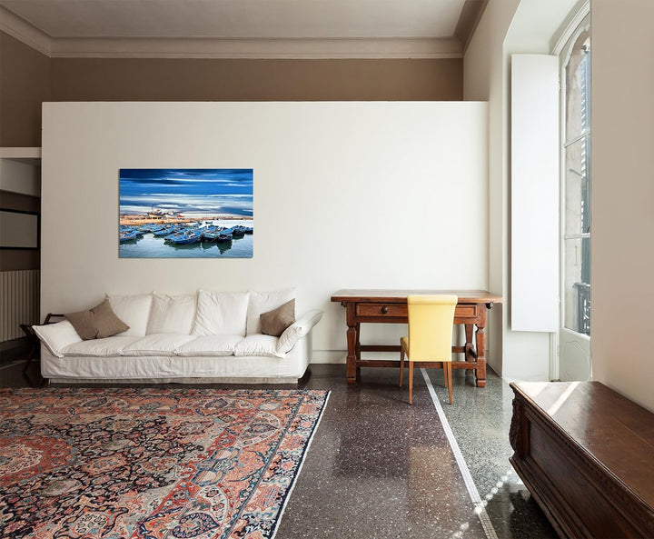 Paul Sinus Art 120x80cm - WANDBILD Marokko Ozean Fischerboote Himmel - Leinwandbild auf Keilrahmen m