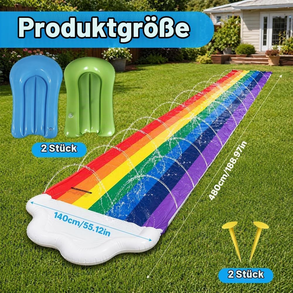 Mineup 480 x 140cm Wasserrutsche Garten, Wasserrutschmatte mit 2 Bodyboards, Doppelrutsche mit Einge