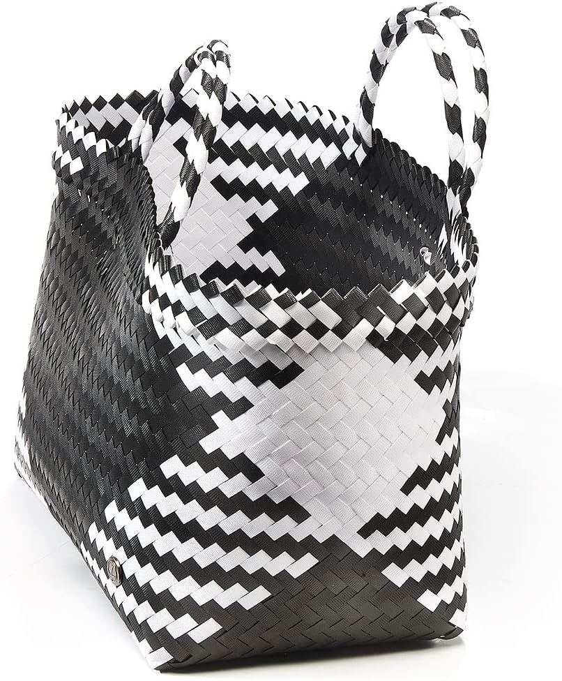 Kobolo Tasche Einkaufskorb geflochten Kunststoff Shopper - ROM XXL - schwarz weiss