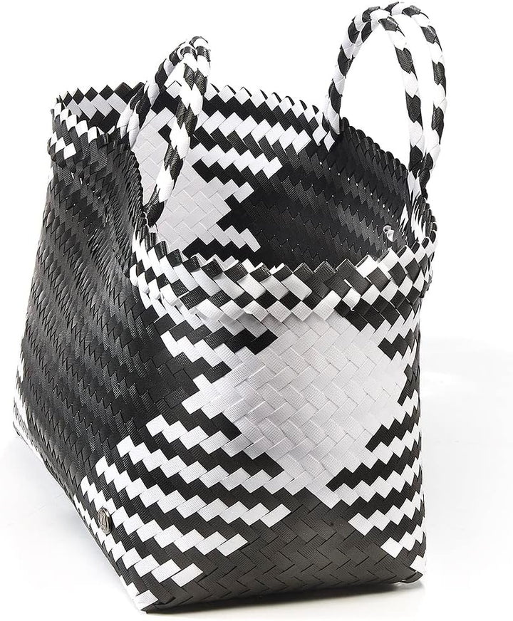 Kobolo Tasche Einkaufskorb geflochten Kunststoff Shopper - ROM XXL - schwarz weiss