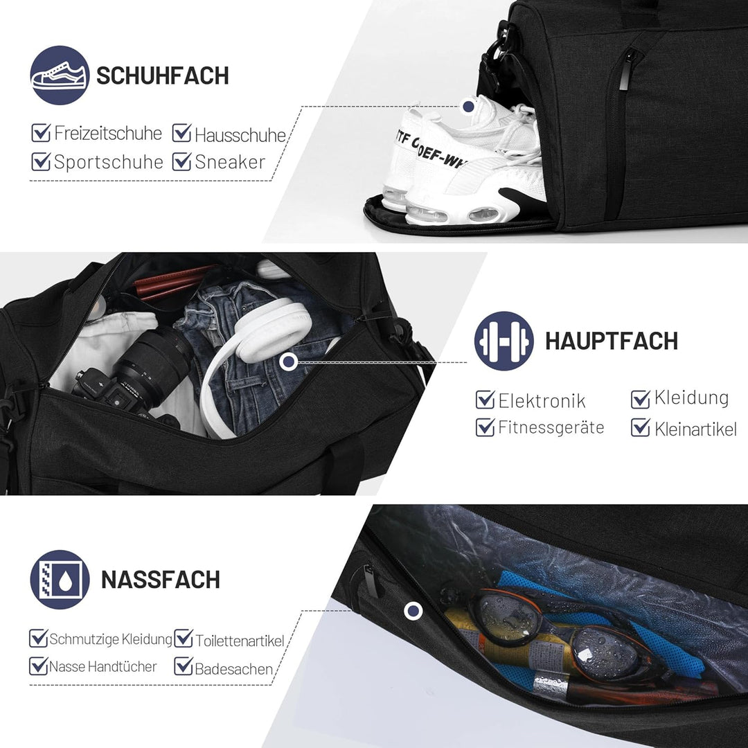 Sporttaschen für Damen und Herren, 35L Reisetasche Duffel Bag Übernachtungstasche mit Schuhfach &amp; Na