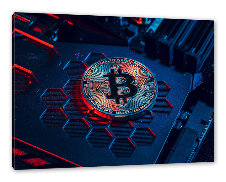 Pixxprint Bitcoin BTC auf Computerchip als Leinwandbild | Grösse: 120x80 cm | Wandbild | Kunstdruck