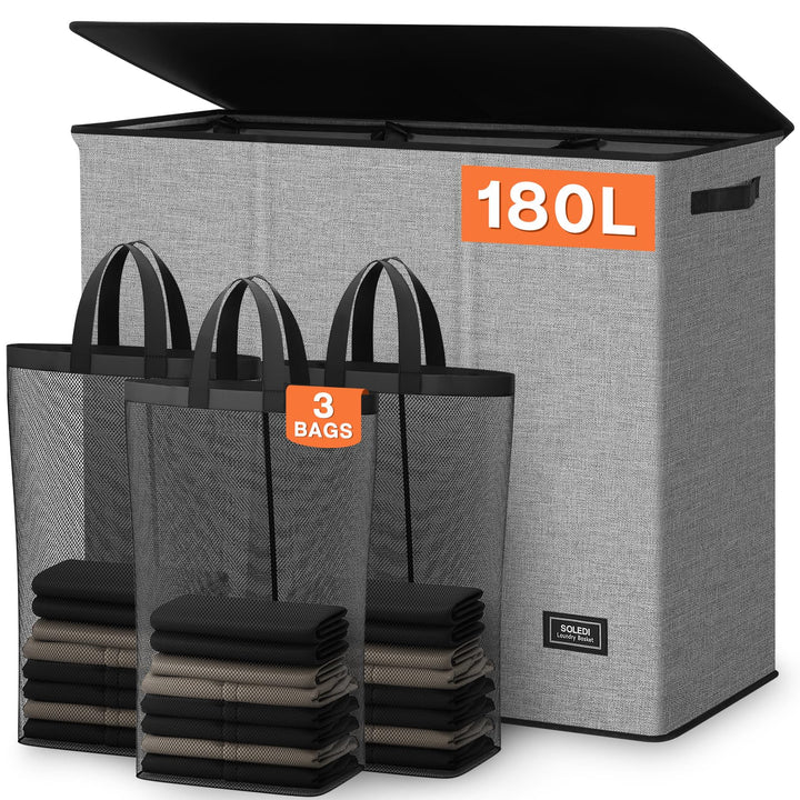 SOLEDI 180L Wäschekorb, Wäschesammler mit Deckel, 3 Fächer und 3 Wäschesack - Grosser XXXL Wäschesor