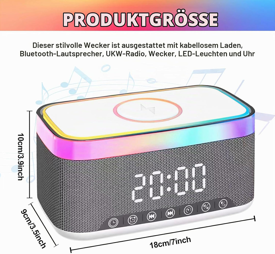 PORFOYO Digitaler Wecker mit Licht und Ladestation, 3-in-1 Wecker Digital mit Bluetooth Lautsprecher