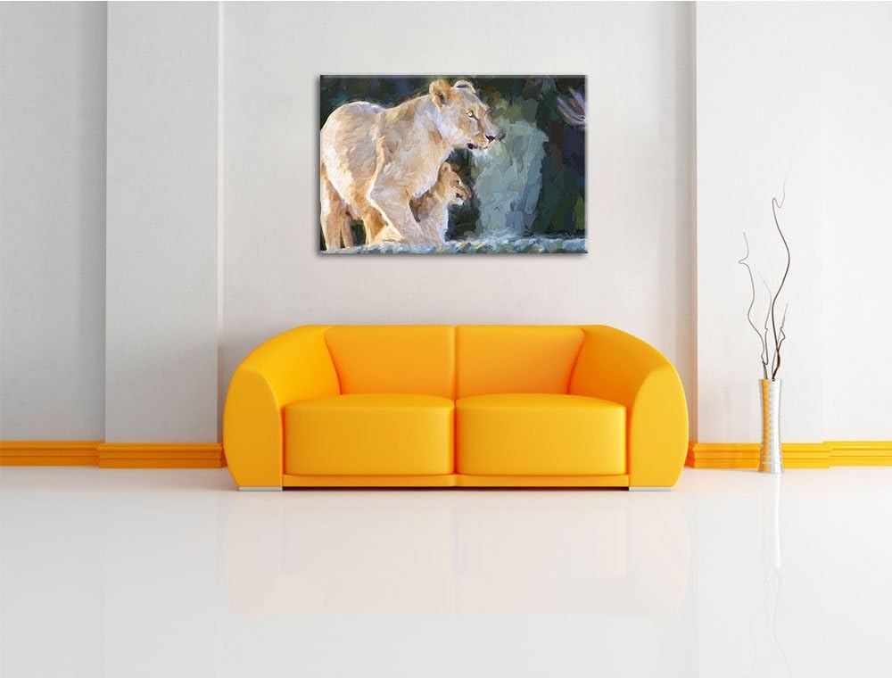 Löwenmutter mit Jungtier Deluxe Format: 100x70 cm auf Leinwand, XXL riesige Bilder fertig gerahmt mi