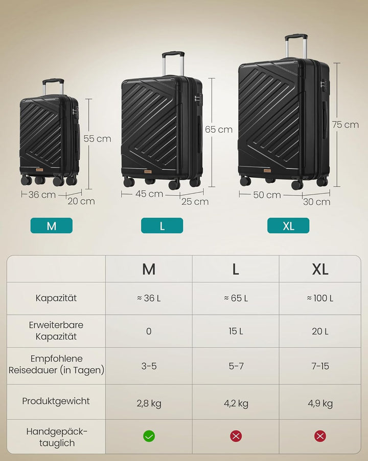 SONGMICS Koffer, Reisekoffer, Hartschalenkoffer mit TSA-Schloss, Koffergurt, ABS-Trolley, 4 Zwilling