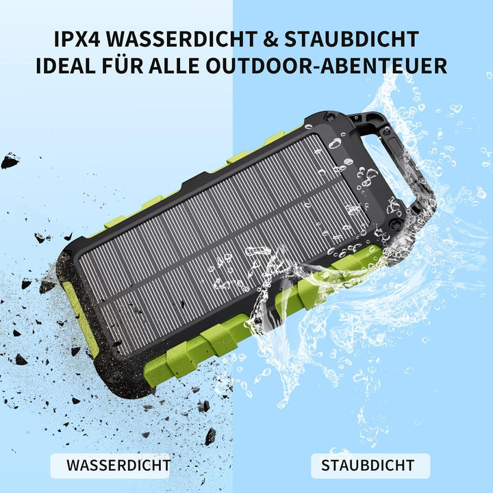 Solar Powerbank 10000mAh PD 22,5W Tragbares Solar Ladegerät USB C Outdoor Wasserdicht Externer Akku