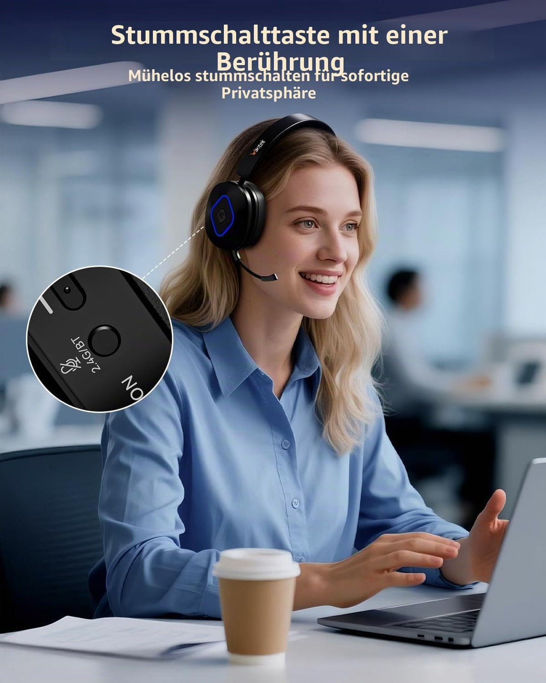 Wantek Bluetooth Headset mit Mikrofon & USB Dongle, Akku 45h+, Wireless Headset PC mit Noise Cancell