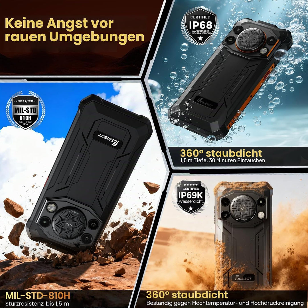 FOSSiBOT F110Pro Outdoor Smartphone 5G Android 15, 128 dB Lautsprecher-10000 mAh Handy Ohne Vertrag,