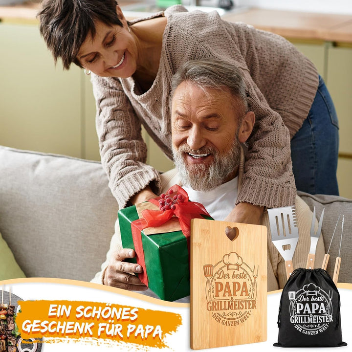 Papa Geschenk 5 Stück Grillset inklusive Graviertes Bambus Schneidebrett und Grillbesteck Set mit Au