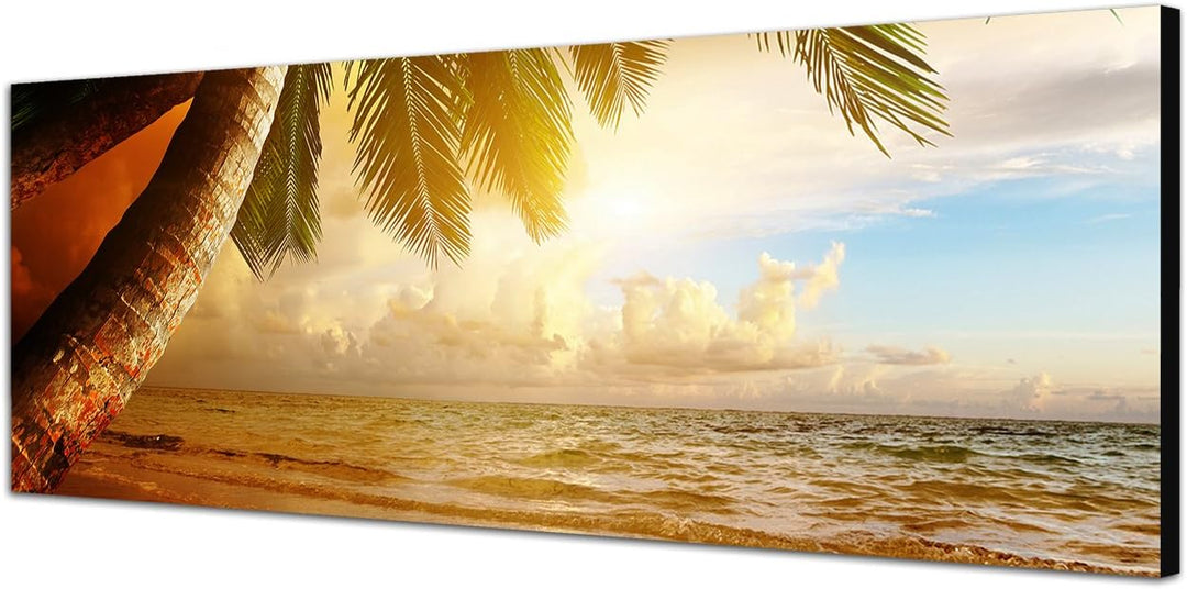 Paul Sinus Art Panoramabild auf Leinwand und Keilrahmen 150x50cm Karibik Strand Meer Palmen Sonnenau