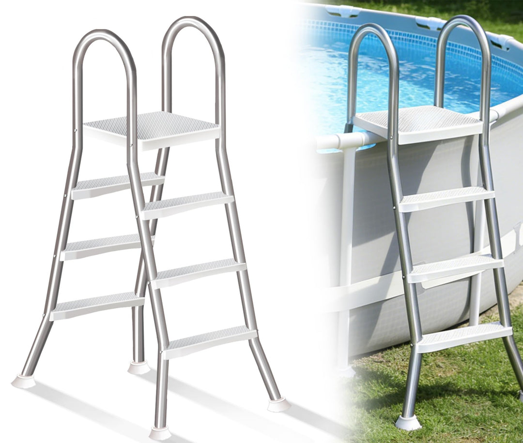 rutschfeste Treppe für Aufstellpools, Strapazierfähige 4-stufige Edelstahlleiter, Doppelte Handläufe