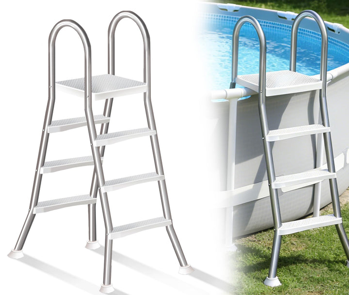 rutschfeste Treppe für Aufstellpools, Strapazierfähige 4-stufige Edelstahlleiter, Doppelte Handläufe