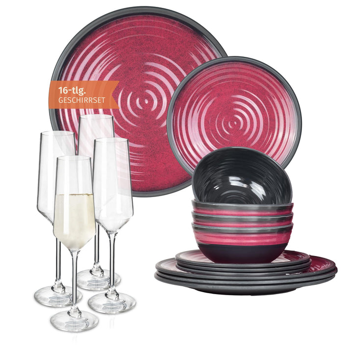 Melamin Camping Geschirr Set 4 Personen Stone Red + 4 Milano Champgner Gläser Flûtes Tafelgeschirr P