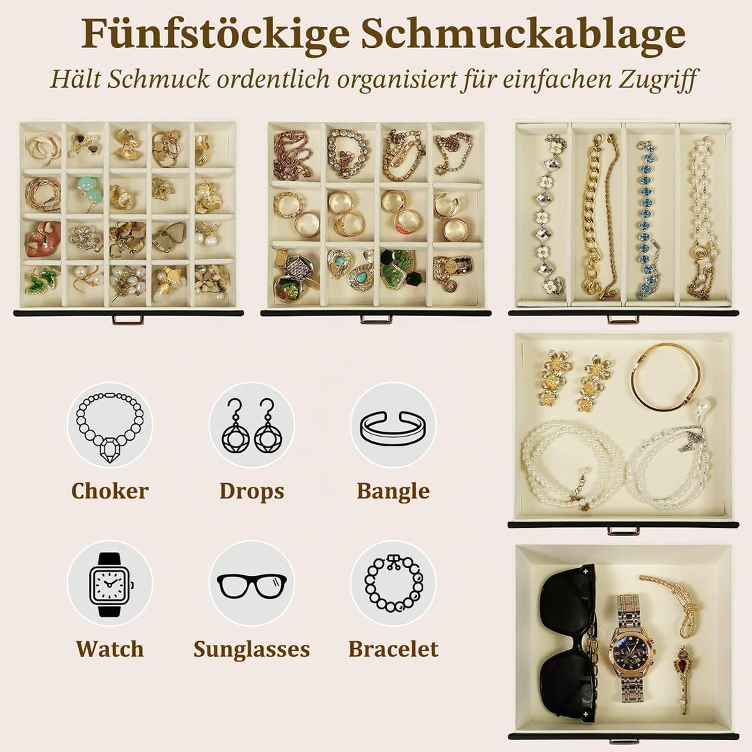 KAMIER Schmuckkästchen für Damen, grosse Schmuckschatulle mit 6 Ebenen, Schmuckbox mit Spiegel und 5