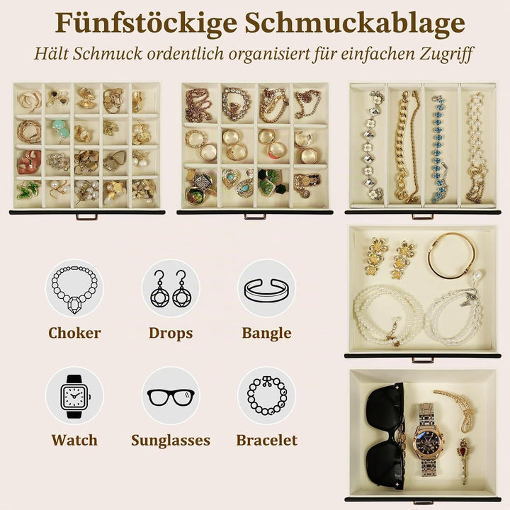 KAMIER Schmuckkästchen für Damen, grosse Schmuckschatulle mit 6 Ebenen, Schmuckbox mit Spiegel und 5