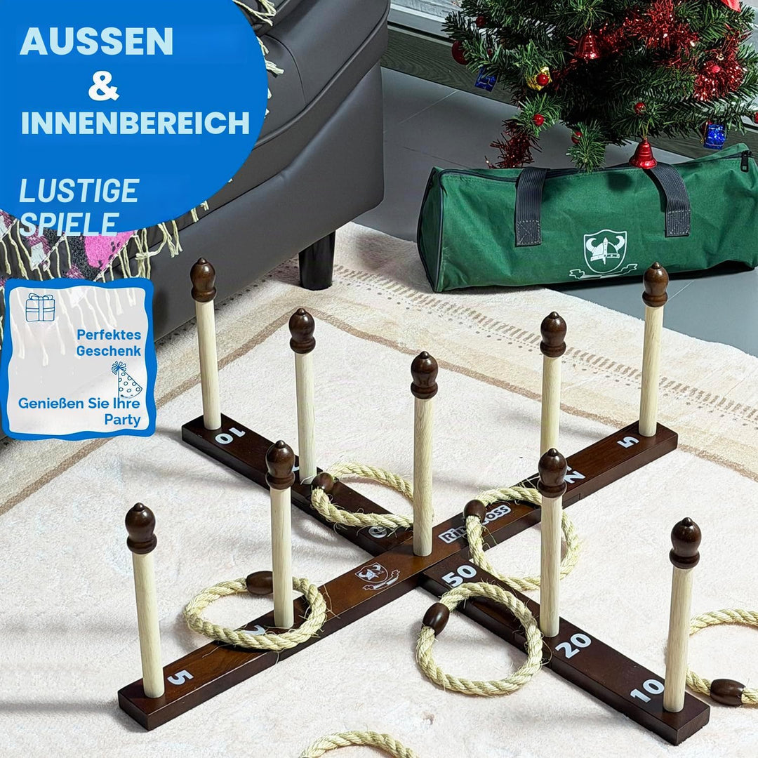 Quoits Ringwurfspiel aus Holz – Wurfspiel-Set mit Tragetasche 10 x Seilringe, 10 x Seilringe
