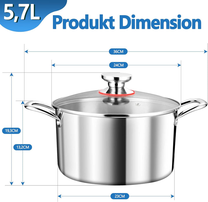 TEAMFAR Kochtopf Gross 24cm, 3-Lagen Edeastahl 5,7L Topf mit Glasdeckel für alle Herdarten, Suppento