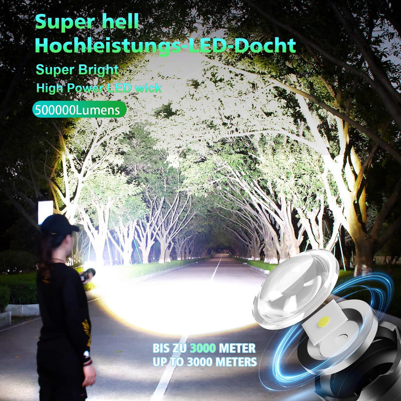 ASORT Taschenlampe LED Aufladbar Extrem hell 200000 Lumen, supergrosse Blende zoombare，Batteriebetri