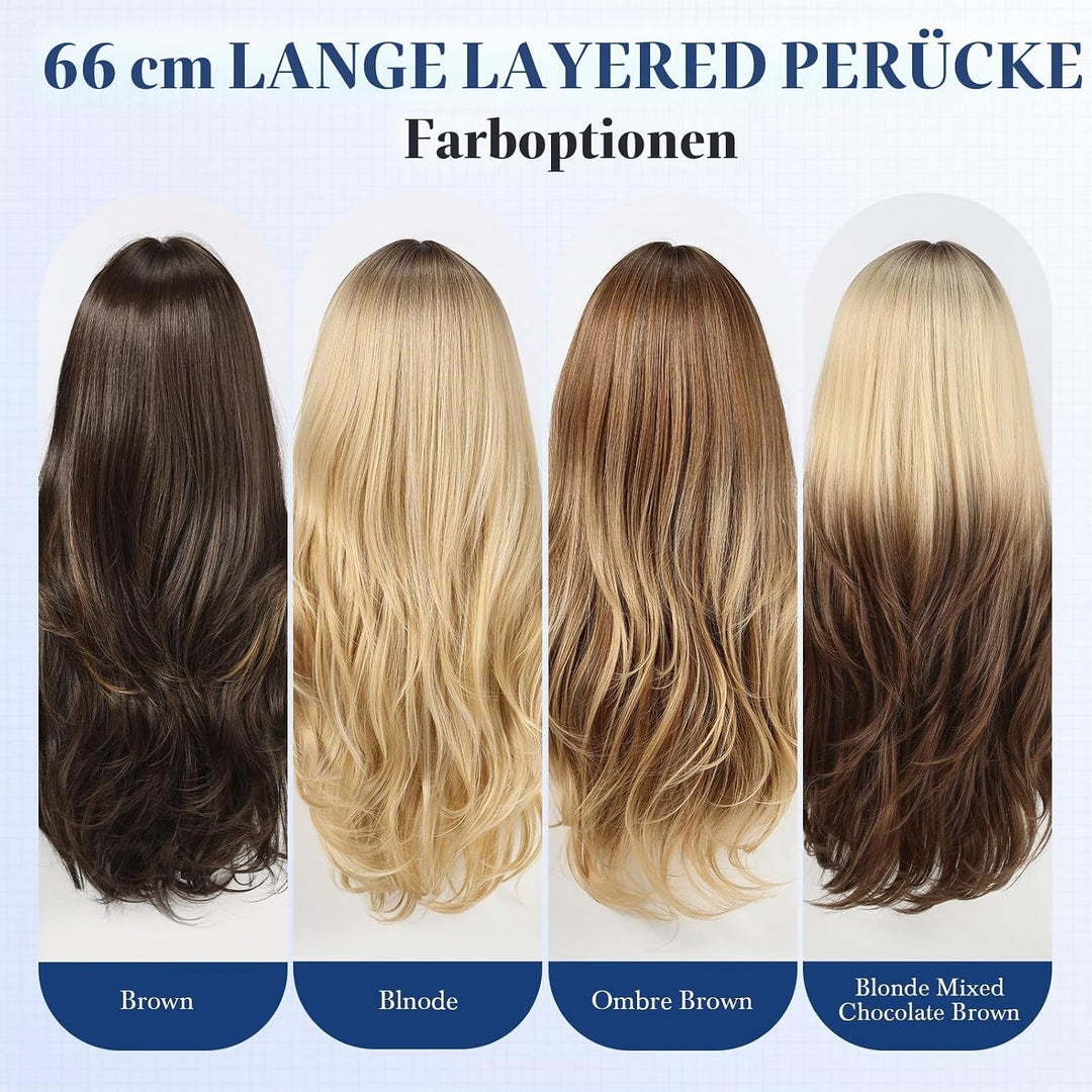 HAIRCUBE Lange Ombre-Perücke in Braun mit Pony, geschichtete lockige Perücken für Frauen, natürliche