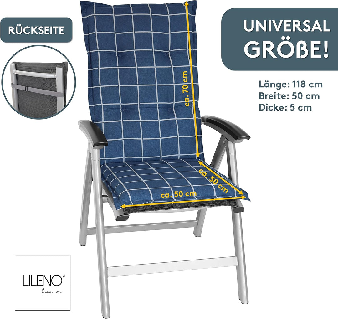 LILENO HOME Gartenstuhl Auflagen als [2er Set - Hochlehner] in Yacht-Karo Dunkelblau - Bequeme Liege
