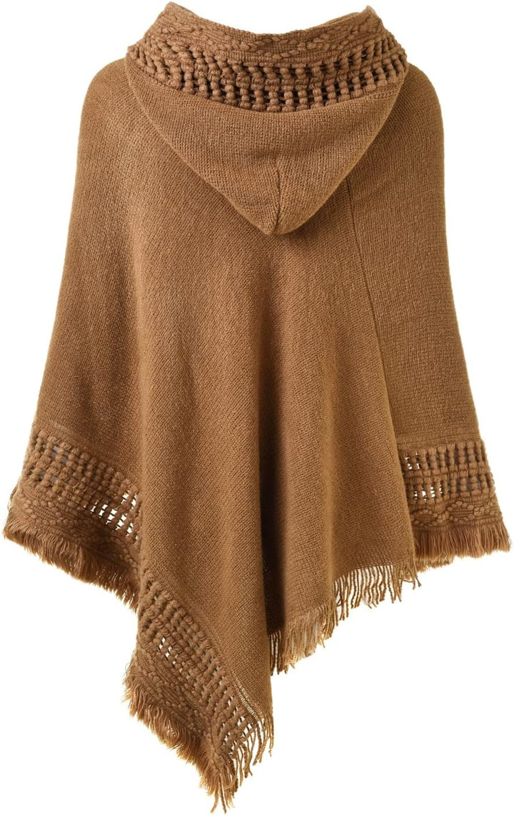 Ferand Damen Poncho mit Kapuze und gehäkeltem Cape mit Fransensaum für Herbst Winter Einheitsgrösse
