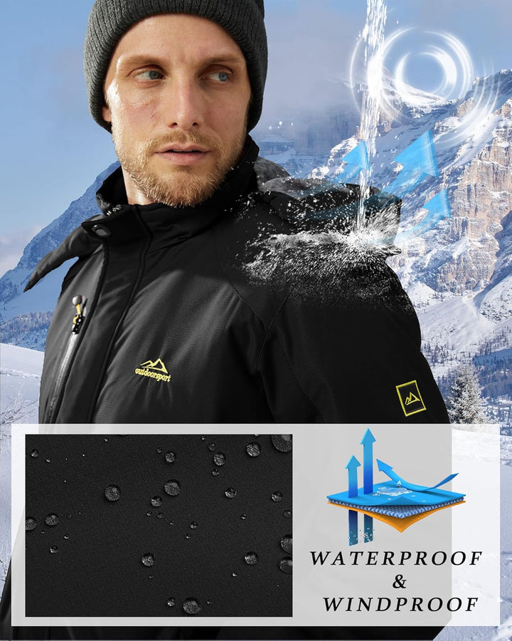 KEFITEVD Herren Winter Wasserabweisende Skijacke Fleece Gefüttert Arbeitsjacke mit Abnehmbarer Kapuz
