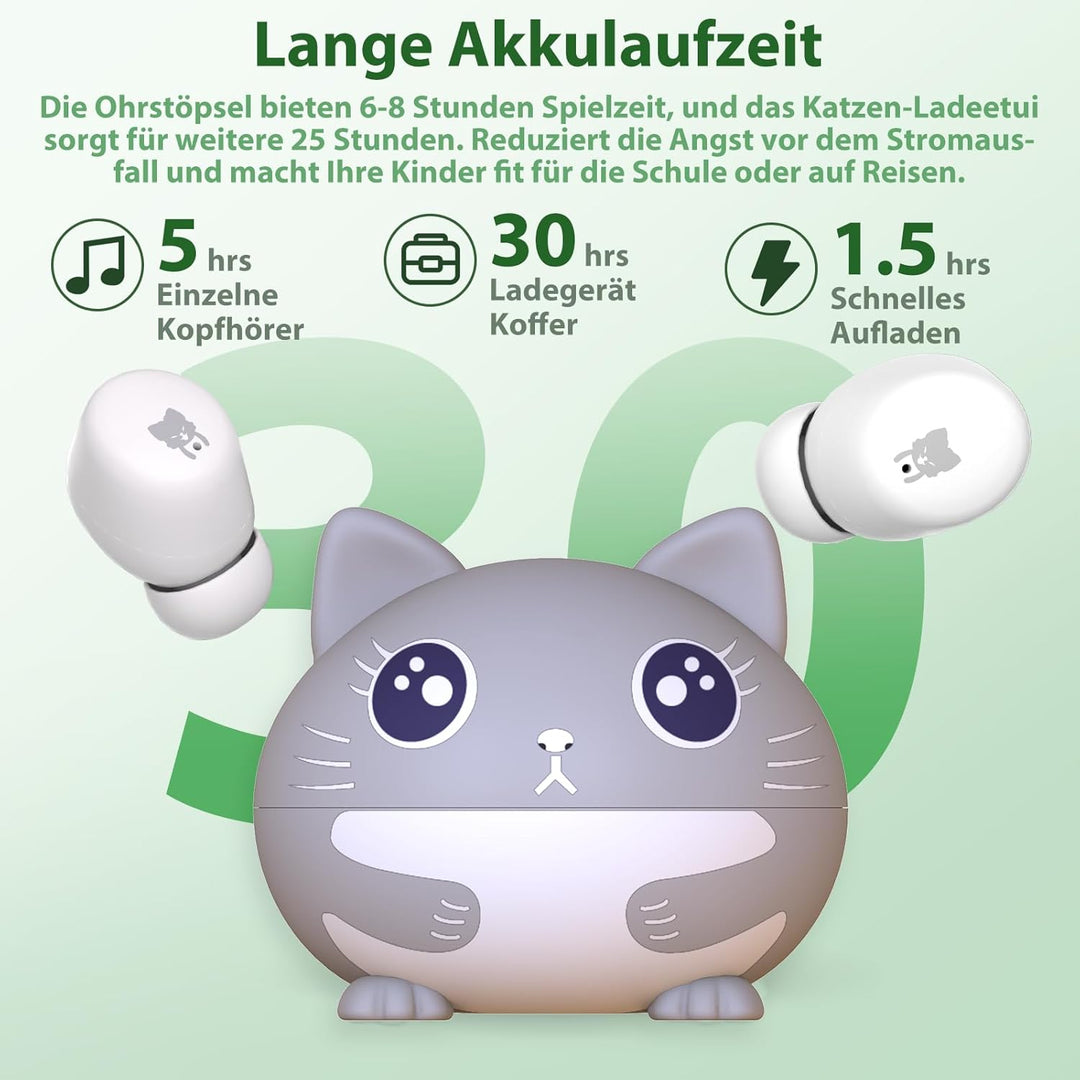 Kinder Kopfhörer Bluetooth, 30 Stunden Spielzeit, Niedliche Katze, Sichere Lautstärke 85 dBA, Blueto