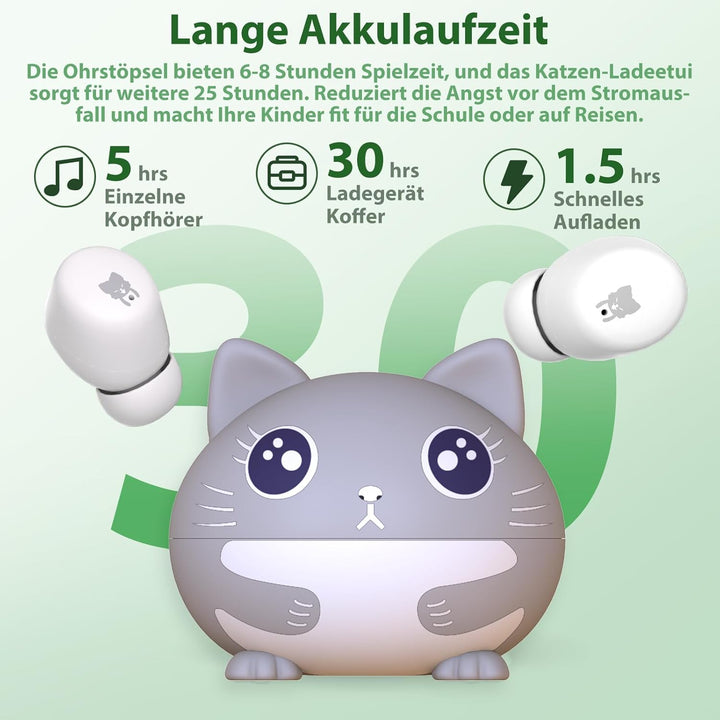 Kinder Kopfhörer Bluetooth, 30 Stunden Spielzeit, Niedliche Katze, Sichere Lautstärke 85 dBA, Blueto
