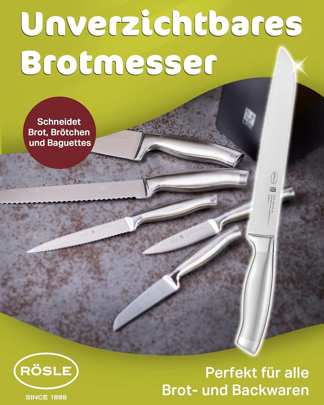 RÖSLE Brotmesser Basic Line, Hochwertiges Küchenmesser zum Schneiden von Brot, Brötchen und Baguette
