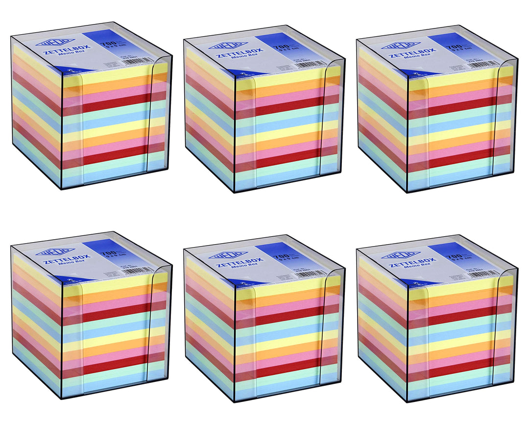 WEDO Zettelbox Kunststoff (9x9 cm, rauchglas gefüllt, 700 Blatt, 6 farbig) (6X Zettelbox)