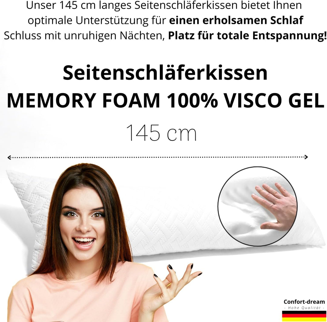Seitenschläferkissen Memory Foam 40 x 145 cm XXL mit Gel Viscoschaum für Schwangere, Stillkissen, Ch