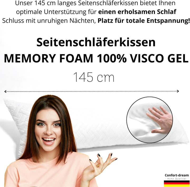 Seitenschläferkissen Memory Foam 40 x 145 cm XXL mit Gel Viscoschaum für Schwangere, Stillkissen, Ch