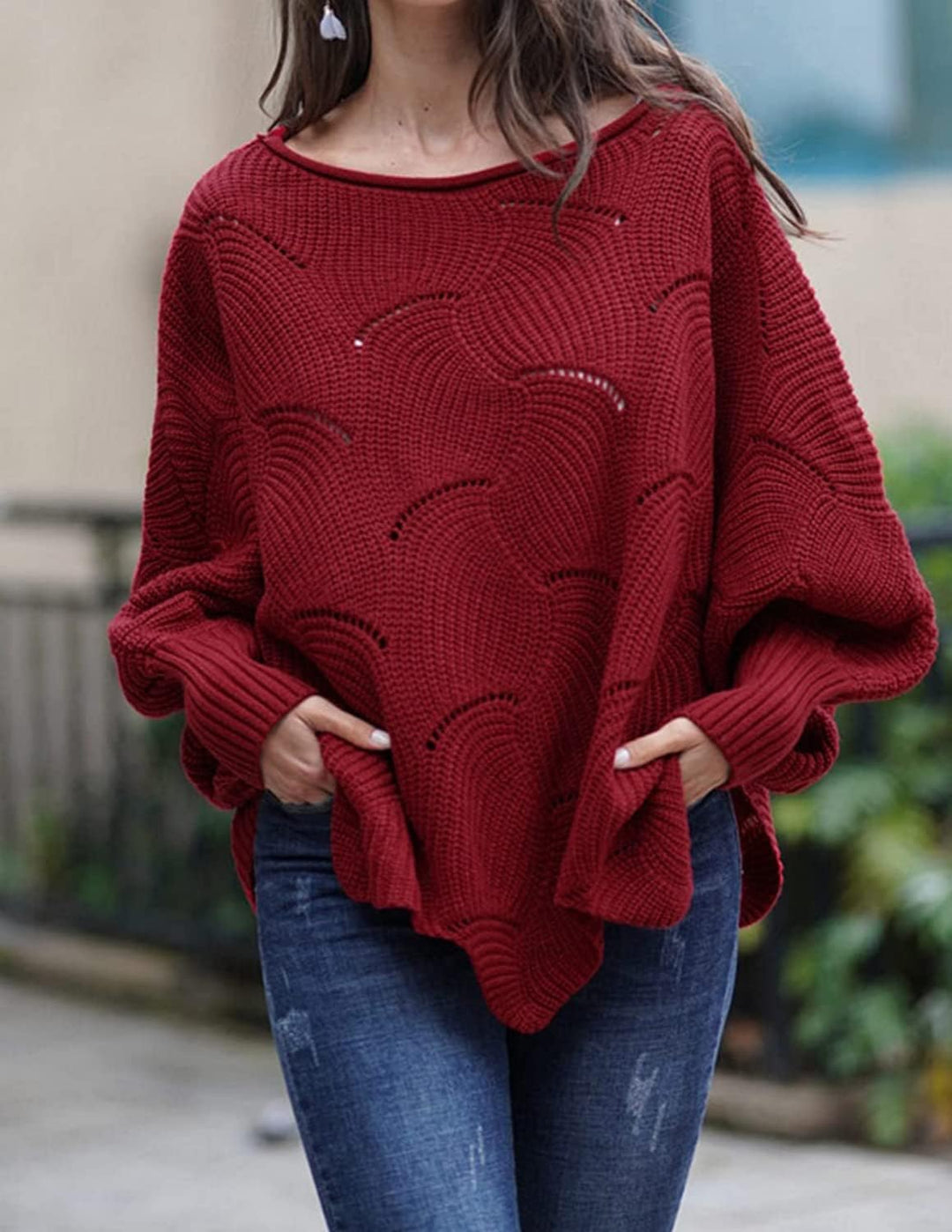 QUNERY Strickpullover Damen Winterpullover Knitted Rundhals Lose Pulli Damen Oversize Fledermausärme