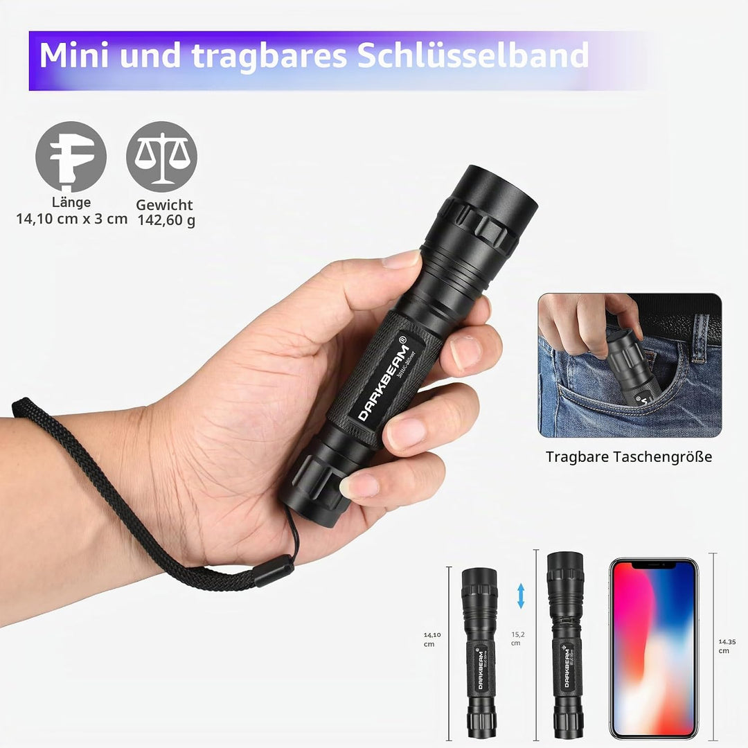 DARKBEAM UV-Taschenlampe 365nm Licht Schwarzlicht, Mini Leistungsstarke Holzlampe USB-C Wiederauflad