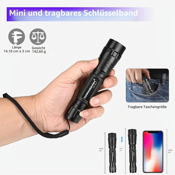 DARKBEAM UV-Taschenlampe 365nm Licht Schwarzlicht, Mini Leistungsstarke Holzlampe USB-C Wiederauflad
