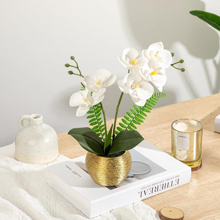 Kunstblumen wie Echt Orchideen Künstlich Blumen Deko Kunstpflanze Phalaenopsis im Goldfarbenen Topf