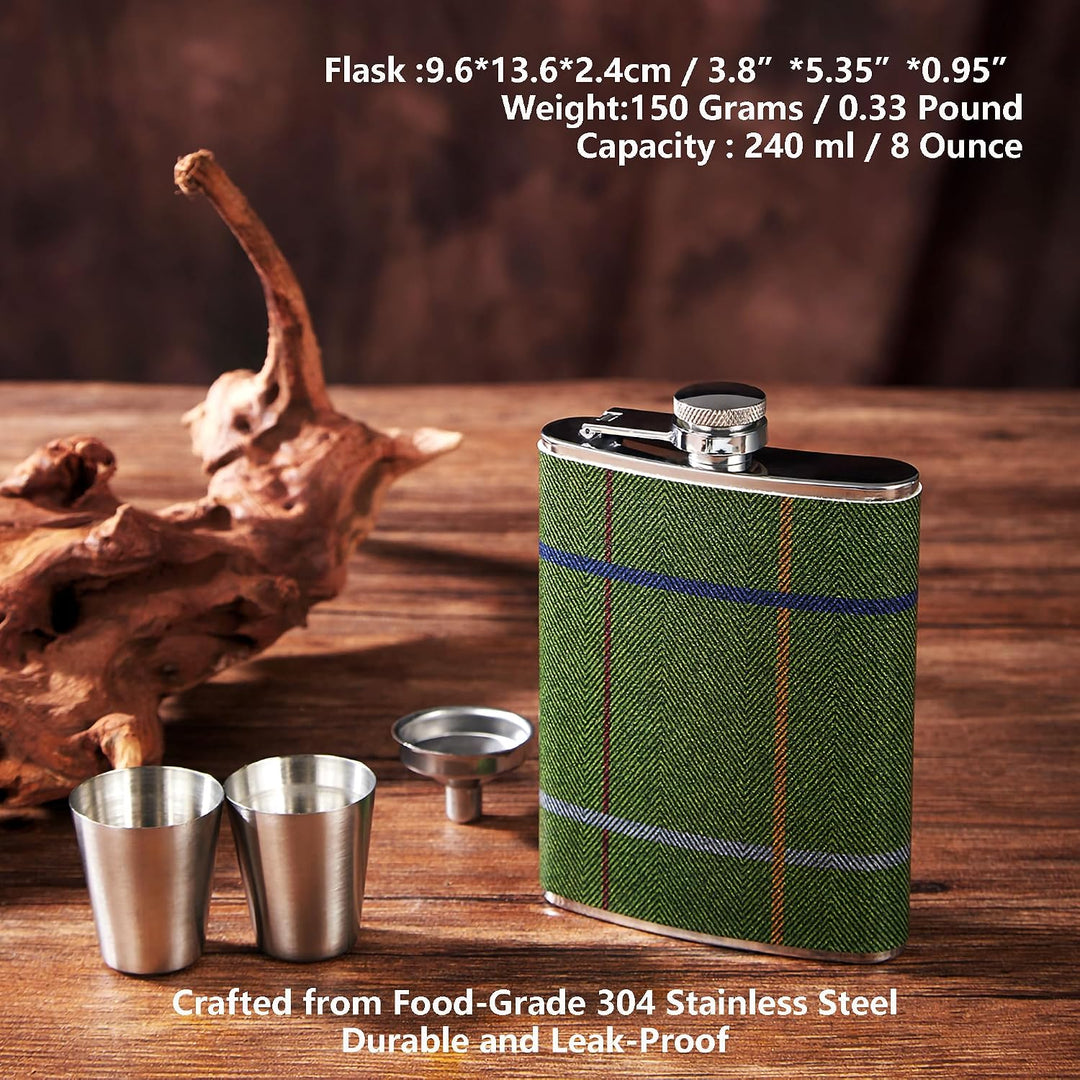 Luxuriöses 237 ml Edelstahl-Flachmann-Geschenkset mit 2 Schnapsgläsern und Trichter, lederbedruckter