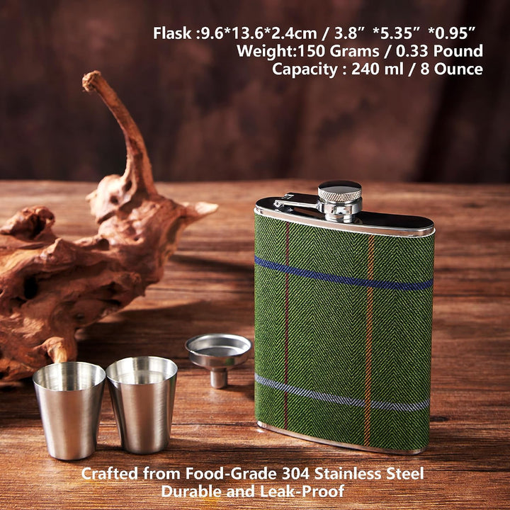 Luxuriöses 237 ml Edelstahl-Flachmann-Geschenkset mit 2 Schnapsgläsern und Trichter, lederbedruckter
