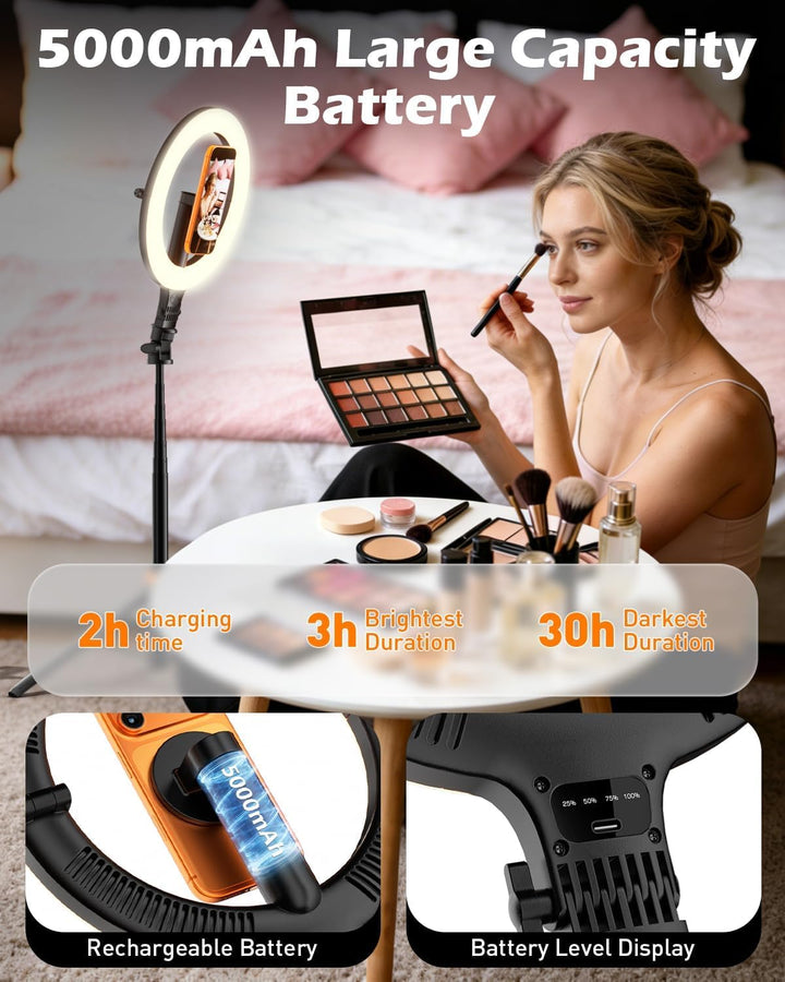 CloudValley 10" Magnet Ringlicht mit 76" Stativ, Handy Stativ mit 5000mAh wiederaufladbarem Licht, F