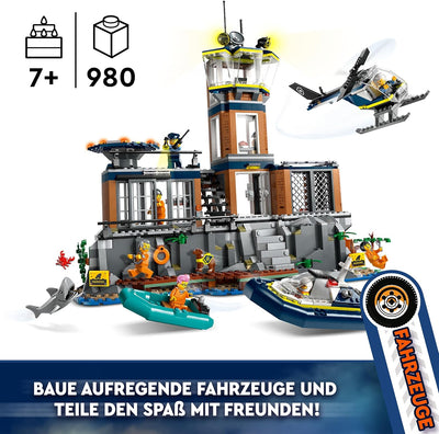 LEGO City Polizeistation auf der Gefängnisinsel, Polizei-Spielzeug mit Hubschrauber, Boot und Hai, S