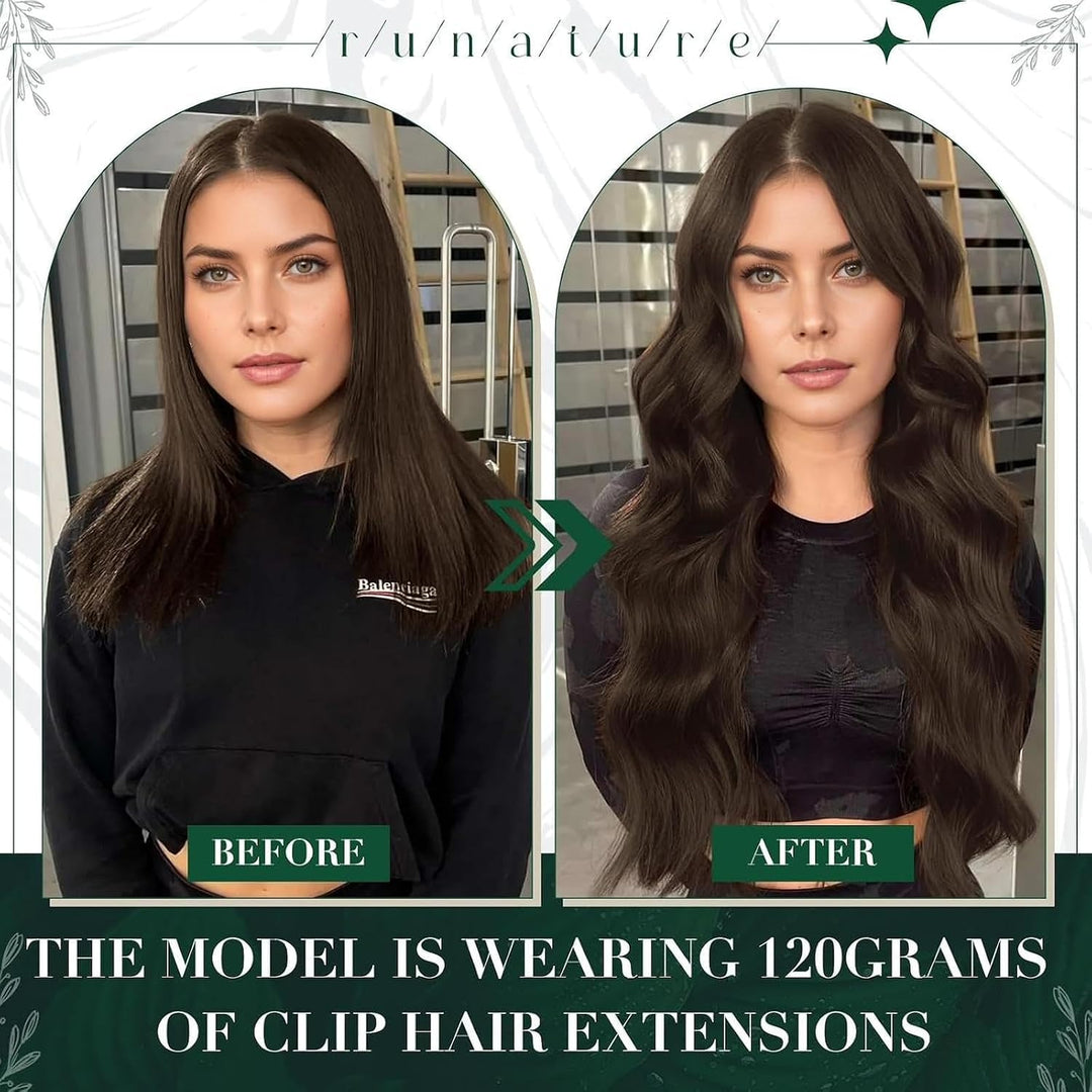 RUNATURE Echthaar Extensions Clip in Mittelbraun Echthaar Clip in Haarverlängerung Echthaar Braun Cl
