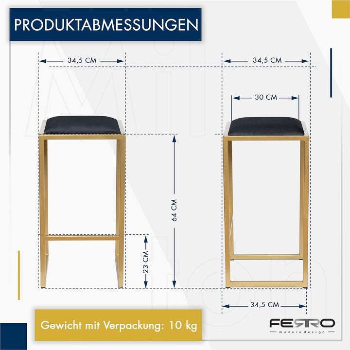 FERRO modern design Barhocker Gold ohne Lehne 64 cm - Metal Barstuhl mit Gepolstertem Sitz - Loft St