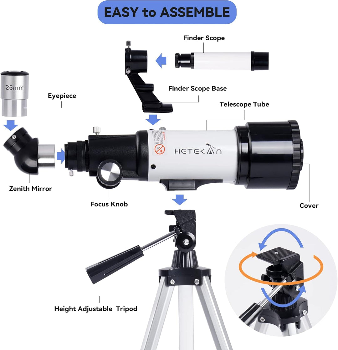 HETEKAN Teleskop, Teleskop Astronomie für Erwachsene Kinder Anfänger, 70mm Apertur 400mm AZ Mount Re