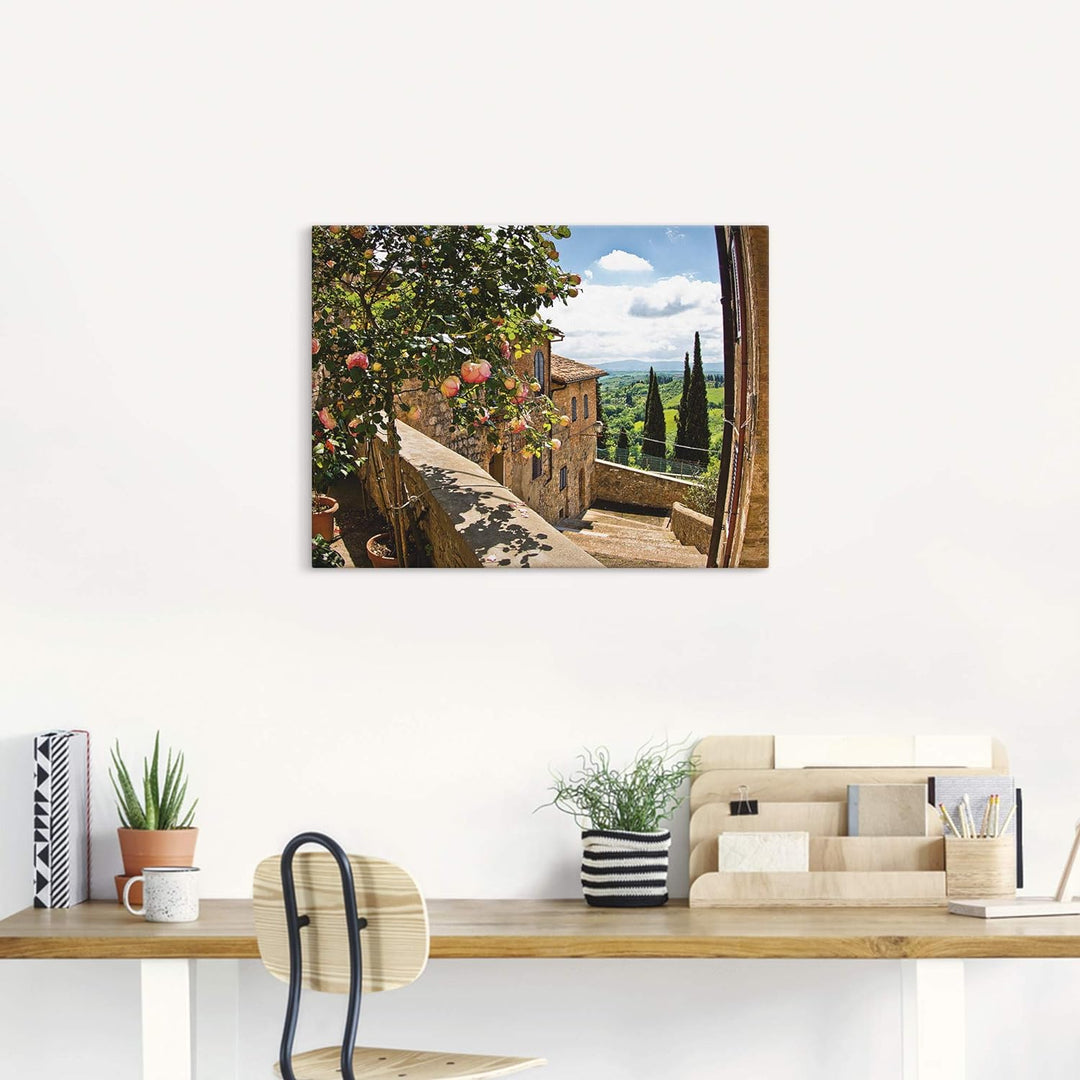 Artland Leinwandbild Wandbild Bild auf Leinwand 60x45 cm Wanddeko Fensterblick Toskana Landschaft Ga