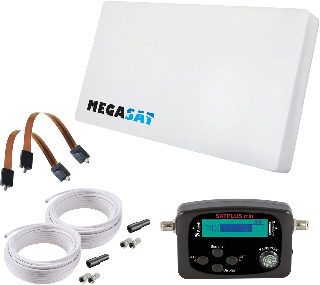 Megasat Flachantennen Set – D2 Profi-Line (2 Teilnehmer, inkl. 2 × 10 m Kabel, Satfinder, 2 × Fenste