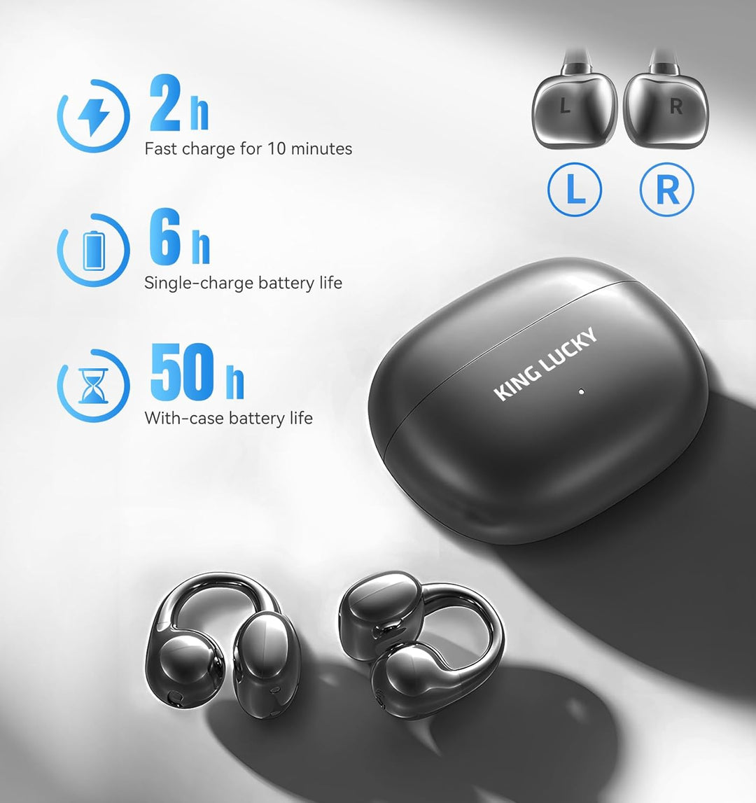 King Lucky Open-Ear-Kopfhörer Kabellos Bluetooth 6.0–Clip-On-Ohrhörer mit Mikrofon,50h Spielzeit,ENC