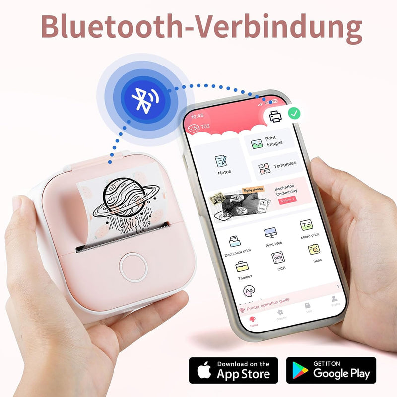 Mini Drucker, Tragbarer Sticker Printe Pocket Tiny Printer für Smartphone, T02 Inkless Handy Thermod